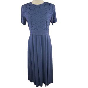 90s Just in Thyme Sz 8 Blue Floral Embroidered Tie Back USA Linen Blend Dress